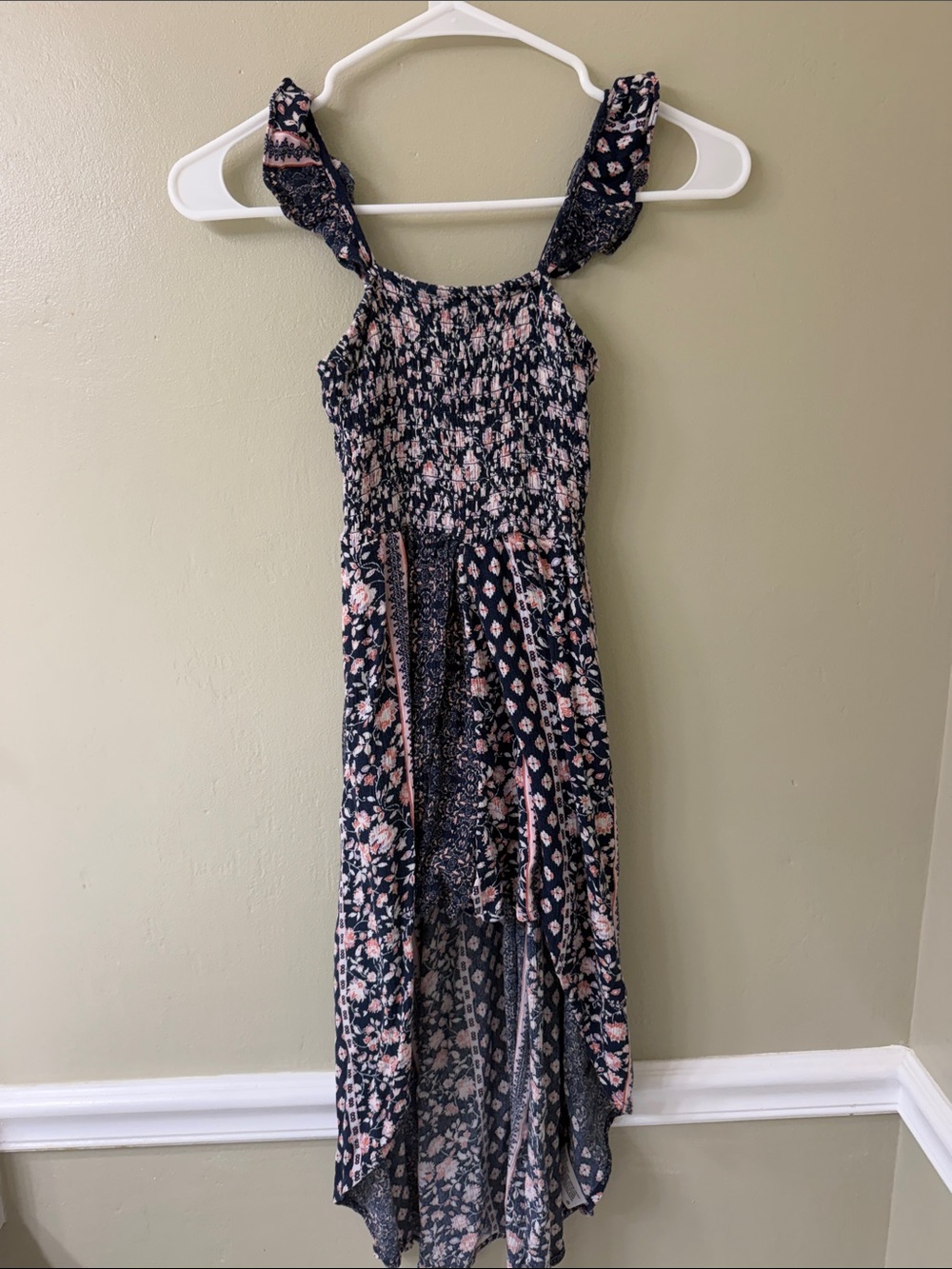 art class Navy and Pink Floral Smocked High-Low Sundress